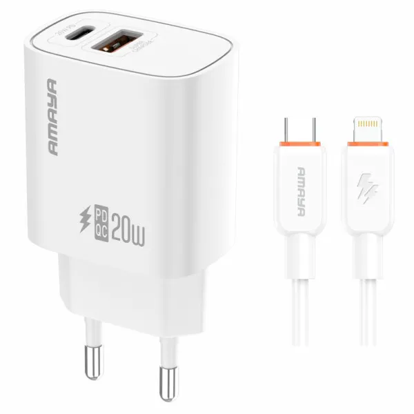 СЗУ Amaya E74D PD20W+QC3.0 (1USB-A/1C) + кабель Type-C to Lightning — Белый — фото 1 СЗУ Amaya E74D PD20W+QC3.0 (1USB-A/1C) + кабель Type-C to Lightning — Белый — фото 1