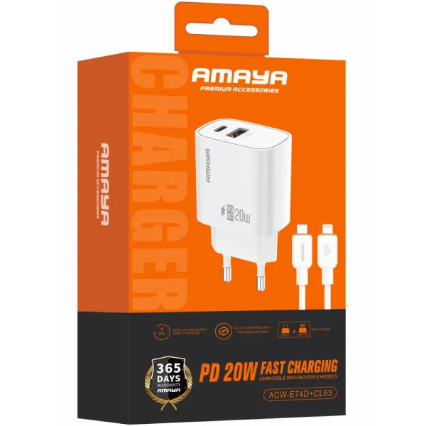 СЗУ Amaya E74D PD20W+QC3.0 (1USB-A/1C) + кабель Type-C to Lightning — Белый — фото 2 СЗУ Amaya E74D PD20W+QC3.0 (1USB-A/1C) + кабель Type-C to Lightning — Белый — фото 2