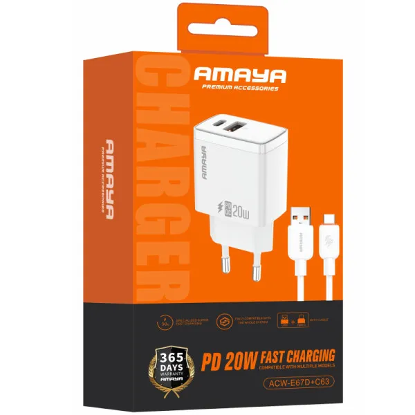 СЗУ Amaya E67D PD20W+QC3.0 (1USB-A/1C) + кабель USB to Type-C — Белый — фото 2 СЗУ Amaya E67D PD20W+QC3.0 (1USB-A/1C) + кабель USB to Type-C — Белый — фото 2