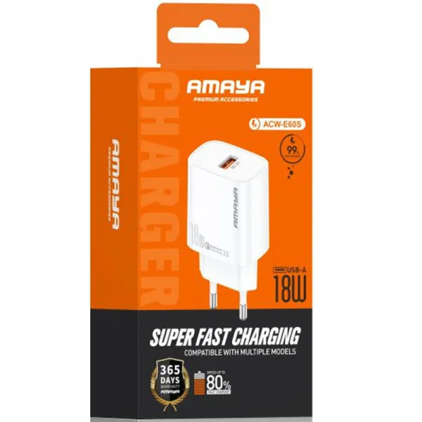 СЗУ Amaya E60S QC3.0 18W (1USB-A) + кабель USB to Type-C — Белый — фото 2 СЗУ Amaya E60S QC3.0 18W (1USB-A) + кабель USB to Type-C — Белый — фото 2