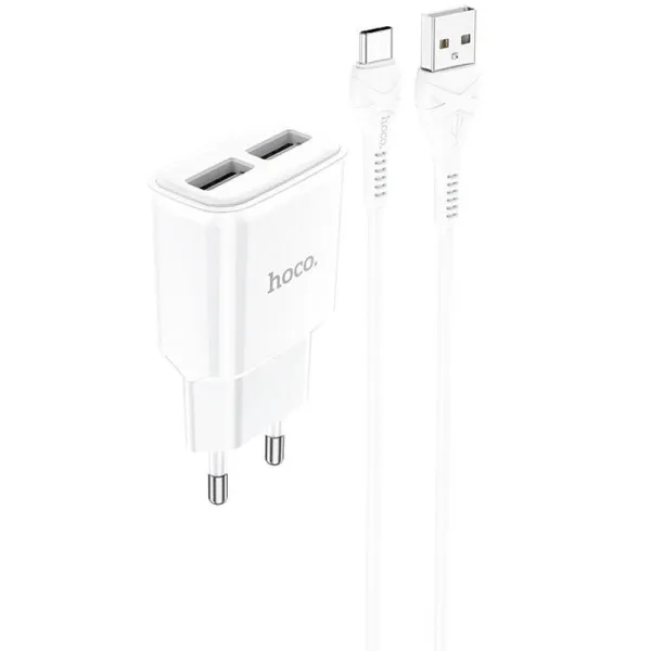 МЗП Hoco C88A Star round 2.4A (2USB-A) + кабель USB to Type-C — Білий — фото 1