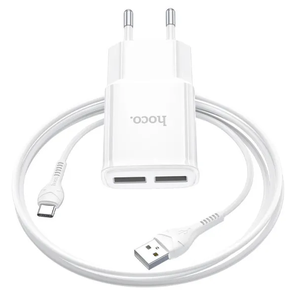 МЗП Hoco C88A Star round 2.4A (2USB-A) + кабель USB to Type-C — Білий — фото 3