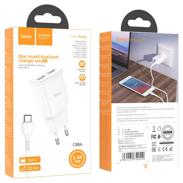 МЗП Hoco C88A Star round 2.4A (2USB-A) + кабель USB to Type-C — Білий — фото 5