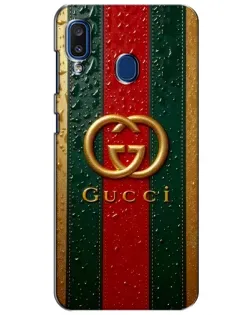 Чехол для Samsung Galaxy a20 2019 (A205F) с картинкой «Gucci — фирменная полоса и золото» Чехол для Samsung Galaxy a20 2019 (A205F) с картинкой «Gucci — фирменная полоса и золото»