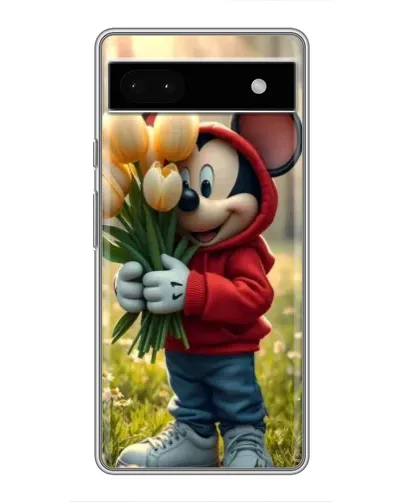 Чехол для Google Pixel 6a с картинкой «Микки с тюльпанами»