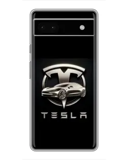 Чехол для Google Pixel 6a с картинкой «Tesla — серебристое авто»