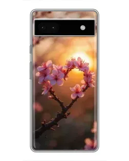 Чохол для Google Pixel 6a з картинкою «Рожевий цвіт  сердечко на тлі заходу»