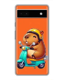 Чехол для Google Pixel 6a с картинкой «Капибара на скутере»