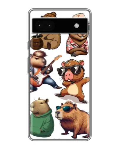 Чехол для Google Pixel 6a с картинкой «Крутые капибары музыканты»