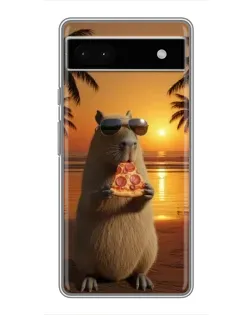 Чехол для Google Pixel 6a с картинкой «Капибара с пиццей»