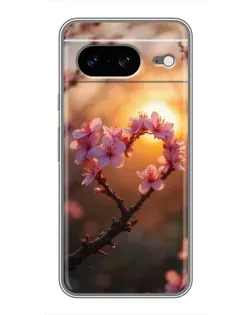 Чохол для Google Pixel 8 з картинкою «Рожевий цвіт  сердечко на тлі заходу»
