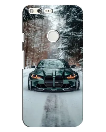 Чехол для Google Pixel XL с картинкой «BMW в зимнем лесу»