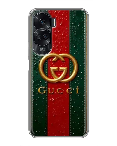 Чехол для Huawei Honor 90 Lite с картинкой «Gucci — фирменная полоса и золото» Чехол для Huawei Honor 90 Lite с картинкой «Gucci — фирменная полоса и золото»