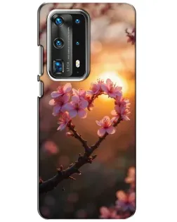 Чохол для Huawei P40 з картинкою «Рожевий цвіт  сердечко на тлі заходу»