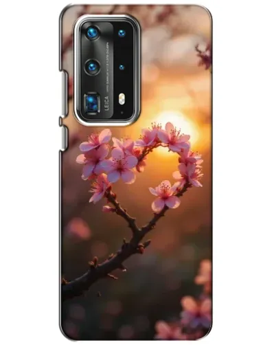 Чохол для Huawei P40 з картинкою «Рожевий цвіт  сердечко на тлі заходу»