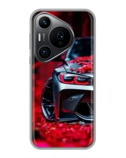 Чехол для Huawei Pura 70 PRO с картинкой «Спортивная BMW и цветы»
