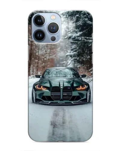 Чехол для iPhone 13 Pro с картинкой «BMW в зимнем лесу»