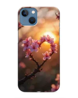Чехол для iPhone 13 с картинкой «Розовый цвет сердце на фоне заката»