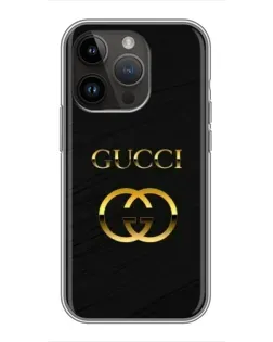 Чехол для iPhone 14 Pro Max с картинкой «Золотой логотип Gucci»