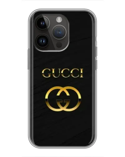 Чехол для iPhone 14 Pro Max с картинкой «Золотой логотип Gucci»