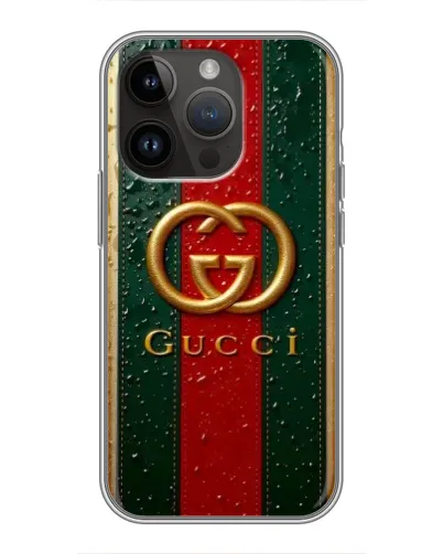 Чехол для iPhone 14 Pro с картинкой «Gucci — фирменная полоса и золото» Чехол для iPhone 14 Pro с картинкой «Gucci — фирменная полоса и золото»
