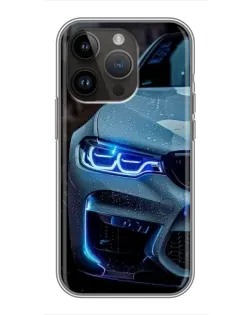 Чехол для iPhone 14 Pro с картинкой «Взгляд BMW с синими фарами»