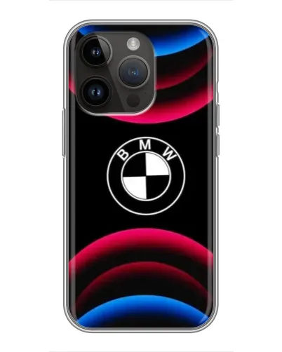 Чехол для iPhone 14 Pro с картинкой «Логотип BMW и неоновые дуги»