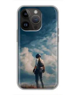 Чехол для iPhone 14 Pro с картинкой «Герой PUBG на скале»