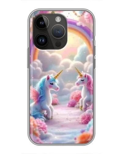 Чехол для iPhone 14 Pro с картинкой «Радуга и единороги»