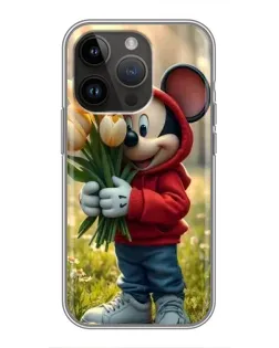Чехол для iPhone 14 Pro с картинкой «Микки с тюльпанами»