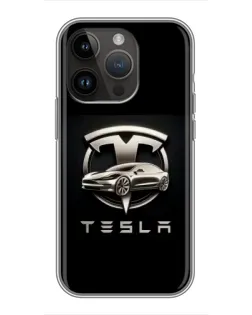 Чехол для iPhone 14 Pro с картинкой «Tesla — серебристое авто»