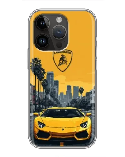 Чехол для iPhone 14 Pro с картинкой «Желтый Lamborghini город»