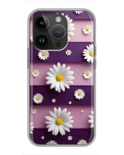 Чехол для iPhone 14 Pro с картинкой «Ромашки на фиолетовом»