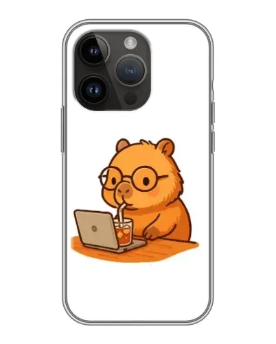 Чехол для iPhone 14 Pro с картинкой «Капибара с ноутбуком»