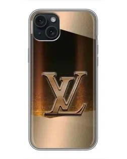 Чехол для iPhone 14 Plus с картинкой «LV — золотое сияние»