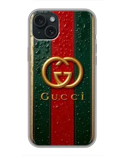 Чохол для iPhone 14 Plus з картинкою «Gucci — фірмова смуга та золото» Чохол для iPhone 14 Plus з картинкою «Gucci — фірмова смуга та золото»