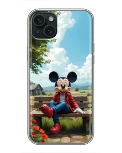 Чехол для iPhone 14 Plus с картинкой «Микки на скамейке»