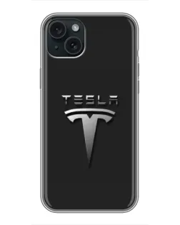 Чехол для iPhone 14 Plus с картинкой «Стальной логотип Tesla»