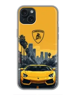 Чехол для iPhone 14 Plus с картинкой «Желтый Lamborghini город»