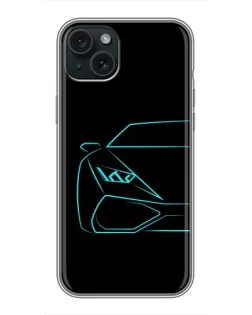 Чехол для iPhone 14 Plus с картинкой «Голубой силуэт Lamborghini»