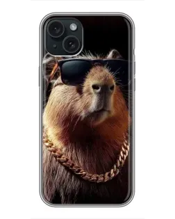 Чехол для iPhone 14 Plus с картинкой «Капибара золотая цепь»