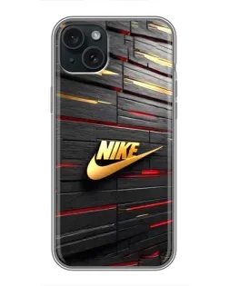 Чехол для iPhone 15 Plus с картинкой «Золотой Nike на металле»