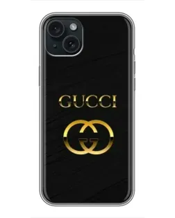 Чехол для iPhone 15 Plus с картинкой «Золотой логотип Gucci»