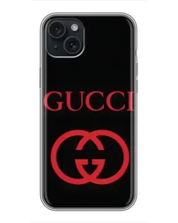 Чехол для iPhone 15 Plus с картинкой «Gucci — красный логотип»