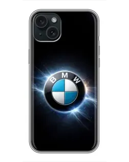 Чехол для iPhone 15 Plus с картинкой «BMW — неоновое сияние»