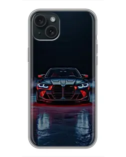 Чехол для iPhone 15 Plus с картинкой «BMW на мокрой дороге»