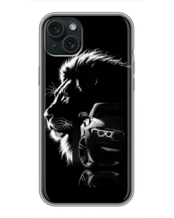 Чехол для iPhone 15 Plus с картинкой «BMW и лев»