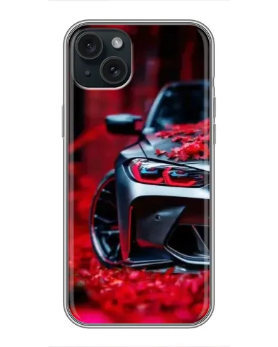 Чехол для iPhone 15 Plus с картинкой «Спортивная BMW и цветы» Чехол для iPhone 15 Plus с картинкой «Спортивная BMW и цветы»