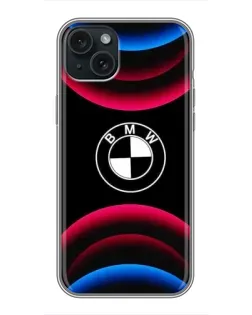 Чехол для iPhone 15 Plus с картинкой «Логотип BMW и неоновые дуги»