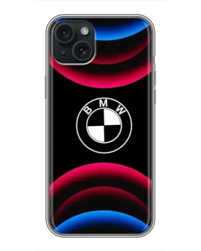 Чехол для iPhone 15 Plus с картинкой «Логотип BMW и неоновые дуги» Чехол для iPhone 15 Plus с картинкой «Логотип BMW и неоновые дуги»